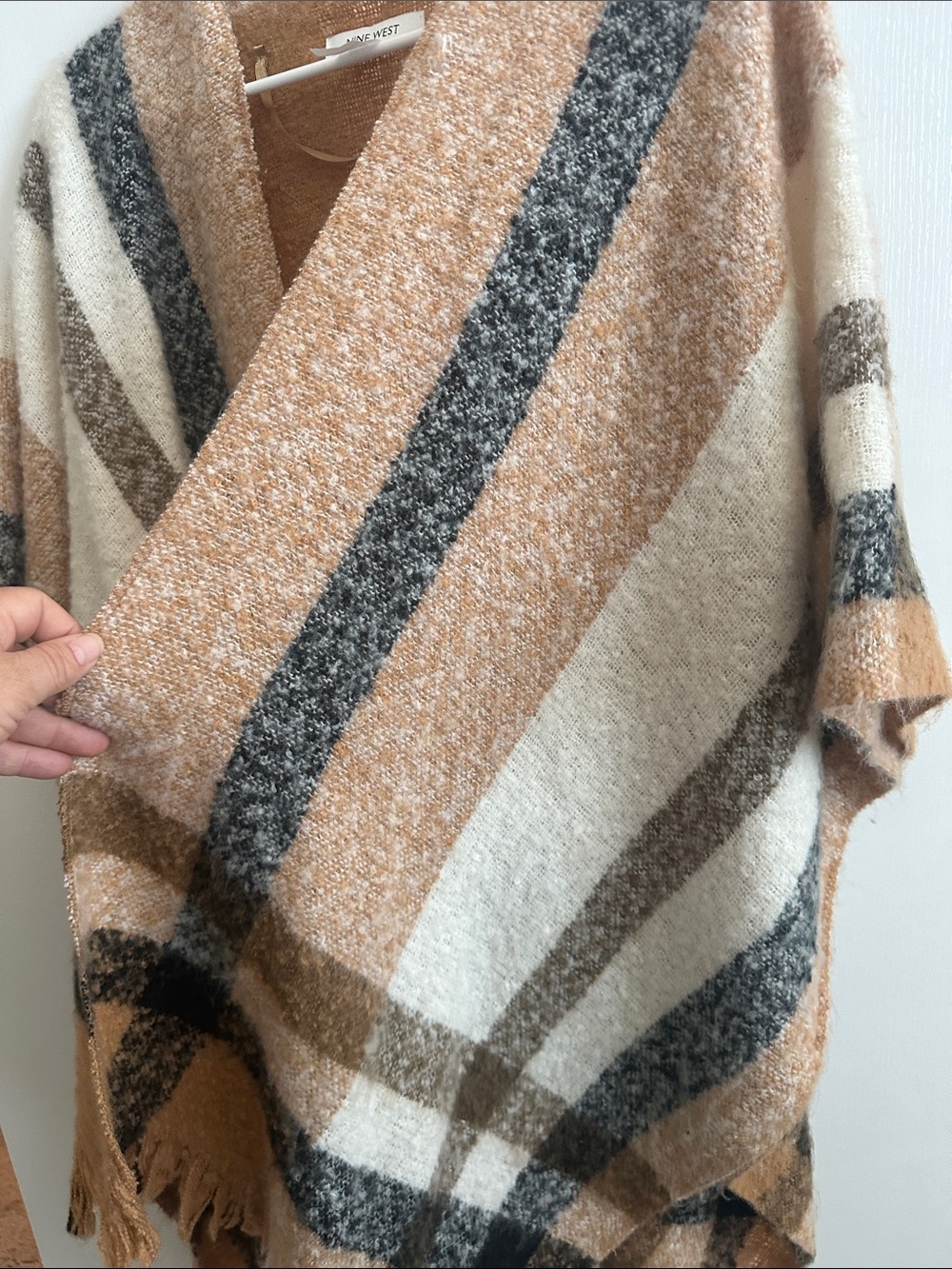 Nine West Tan, Cream & Gray Plaid Open-Front Poncho with Fringe - Picture 4 of 4